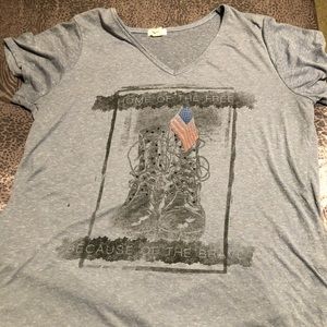 Womens T shirt 87% polyester 13% linen says home of free because of the brave